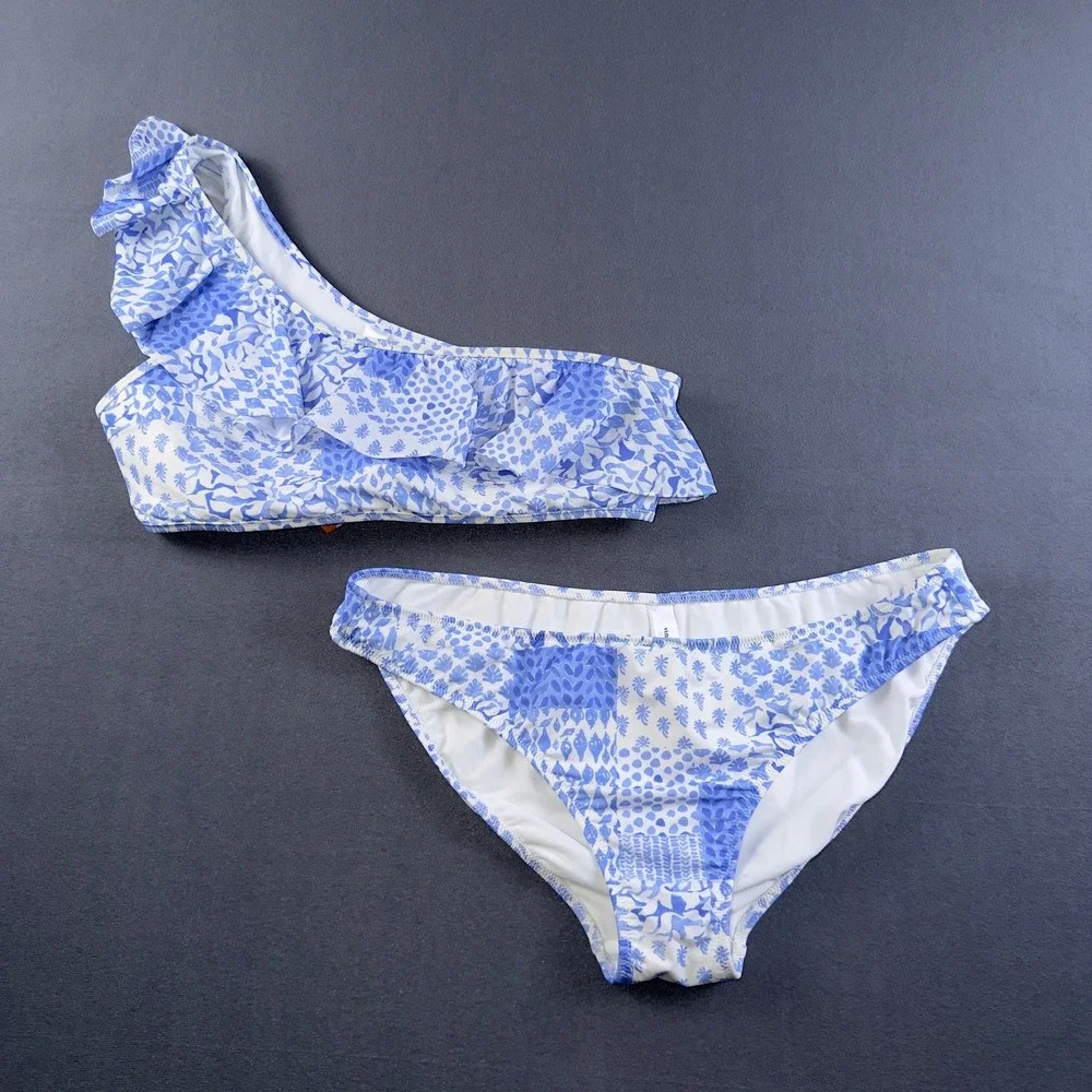 Vineyard Vines Painted‎ Patch Ruffle One Shoulder Bikini Set Blue White L/XL